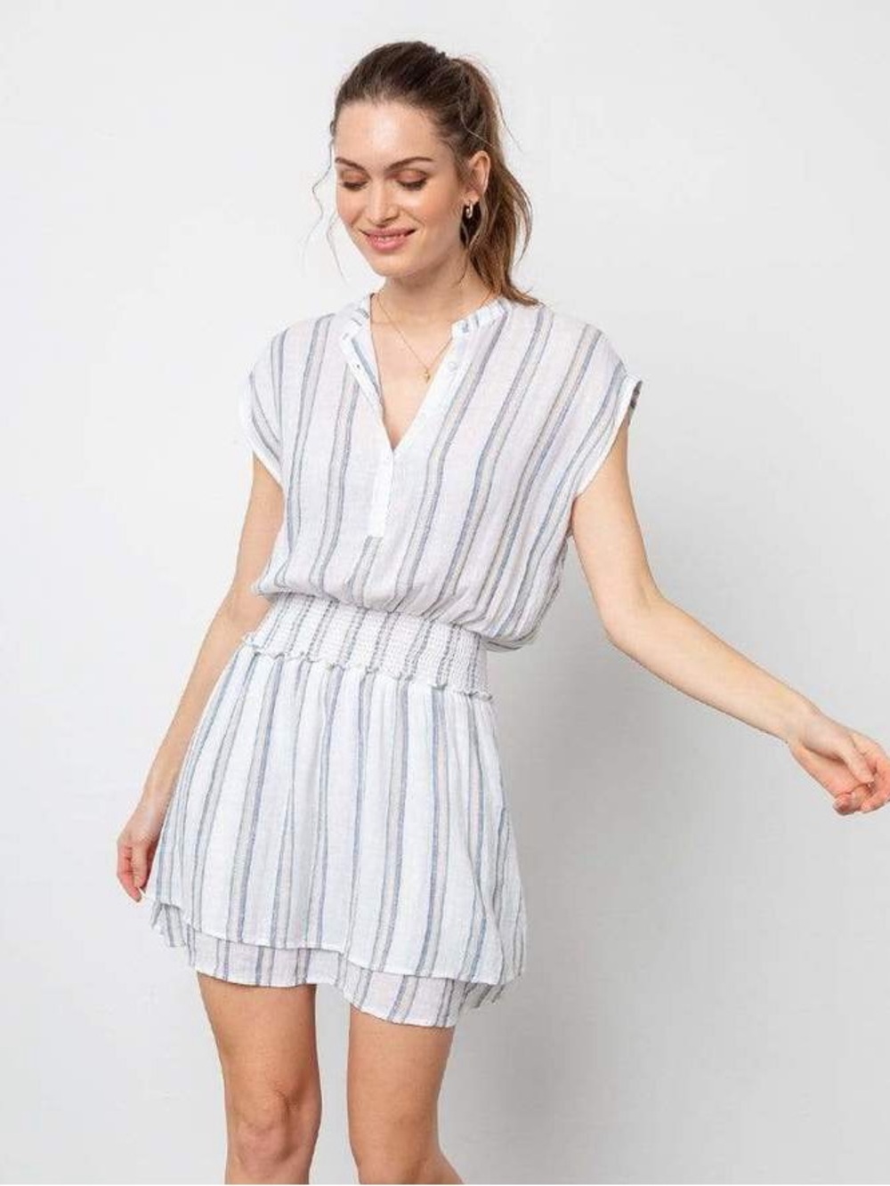 Rails Angelina Ryland Stripe Linen Blend Mini Dress Medium Smocked Waist